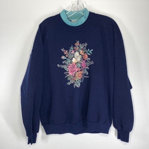 Vintage Morning Sun Chickadee Bird Floral Navy Crew Mock Neck Sweatshirt XL - Picture 1 of 7